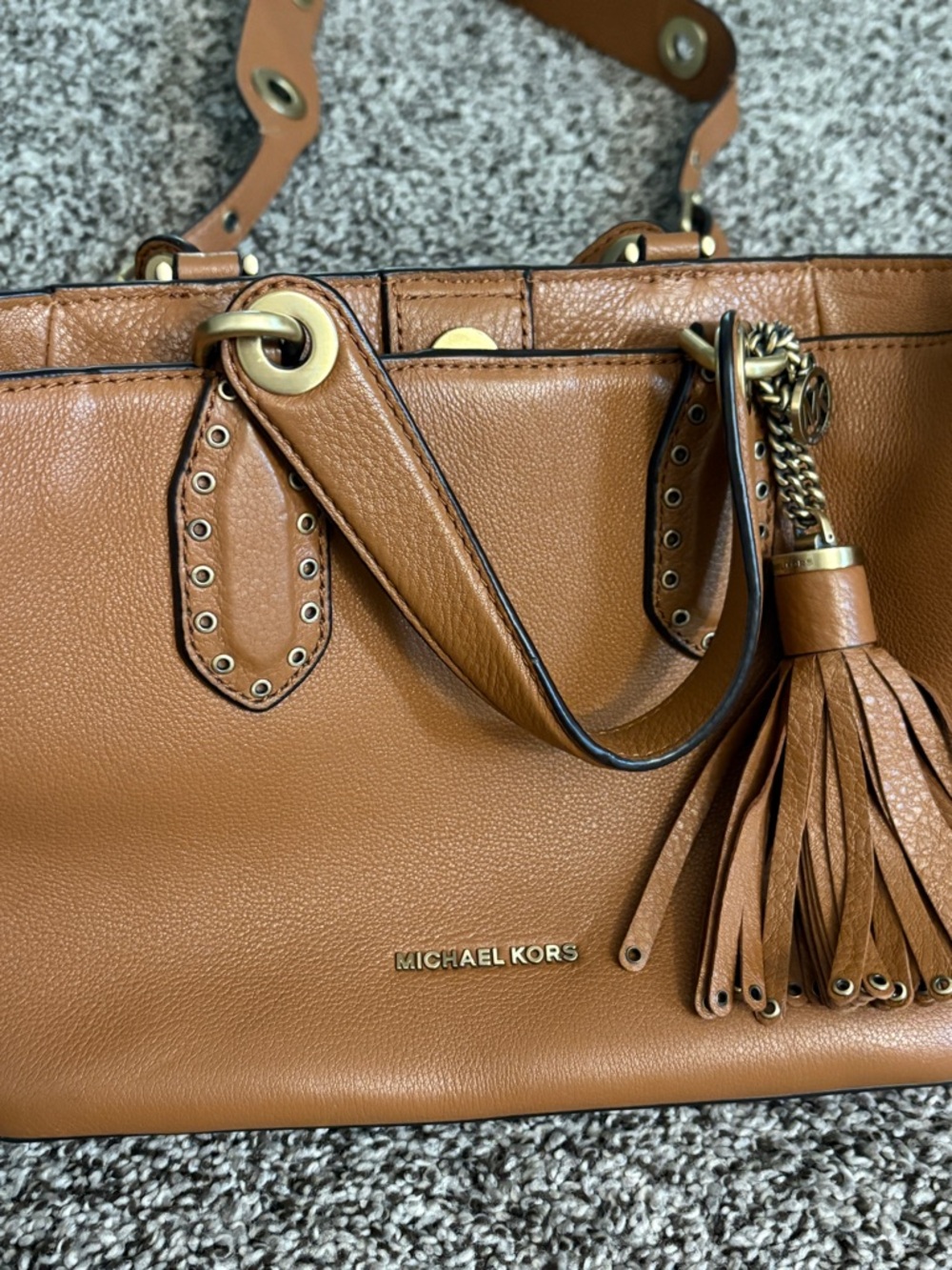 Michael Kors Cognac Leather Tote with Tassel Charm